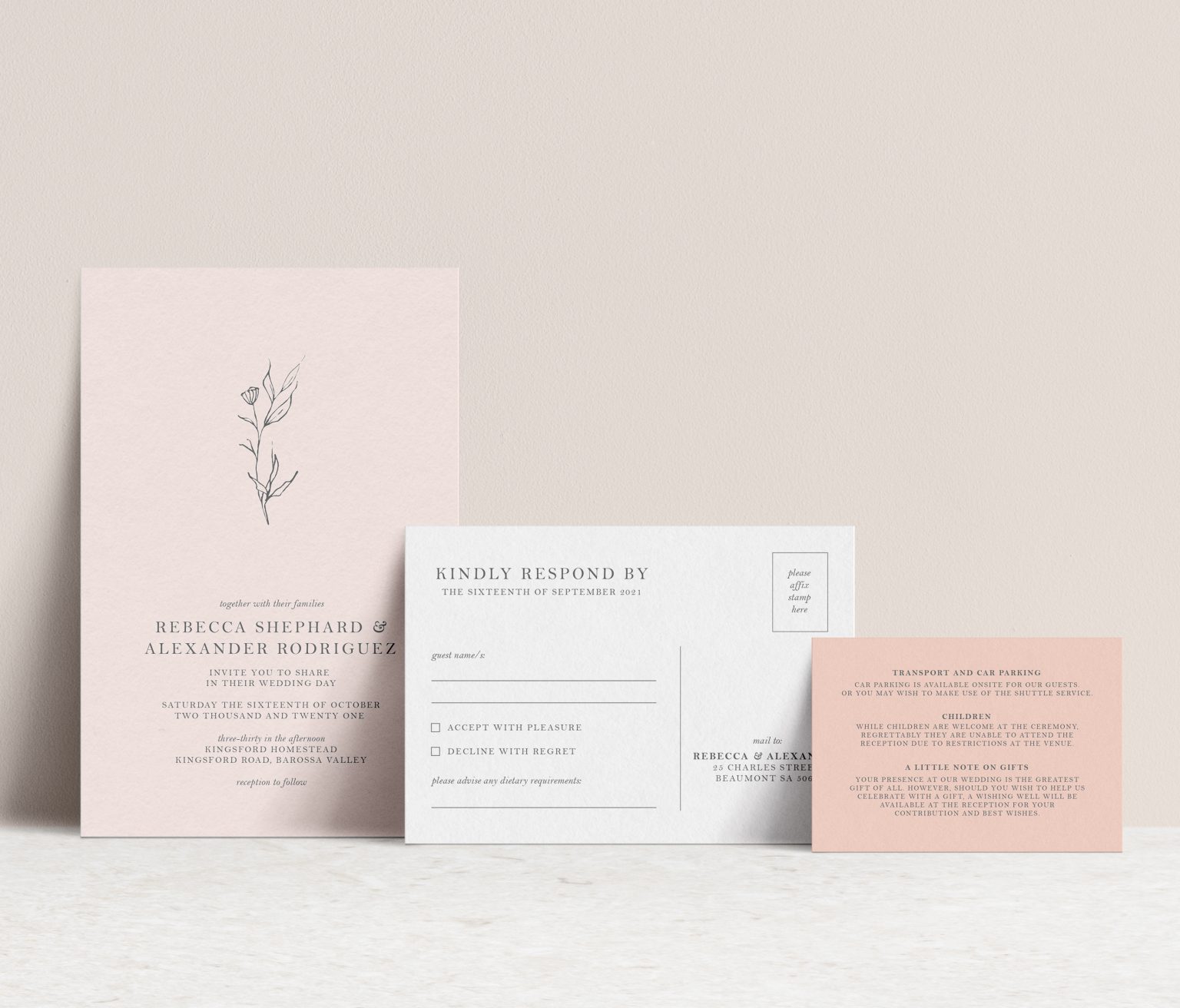 blush pink wedding invitation suite